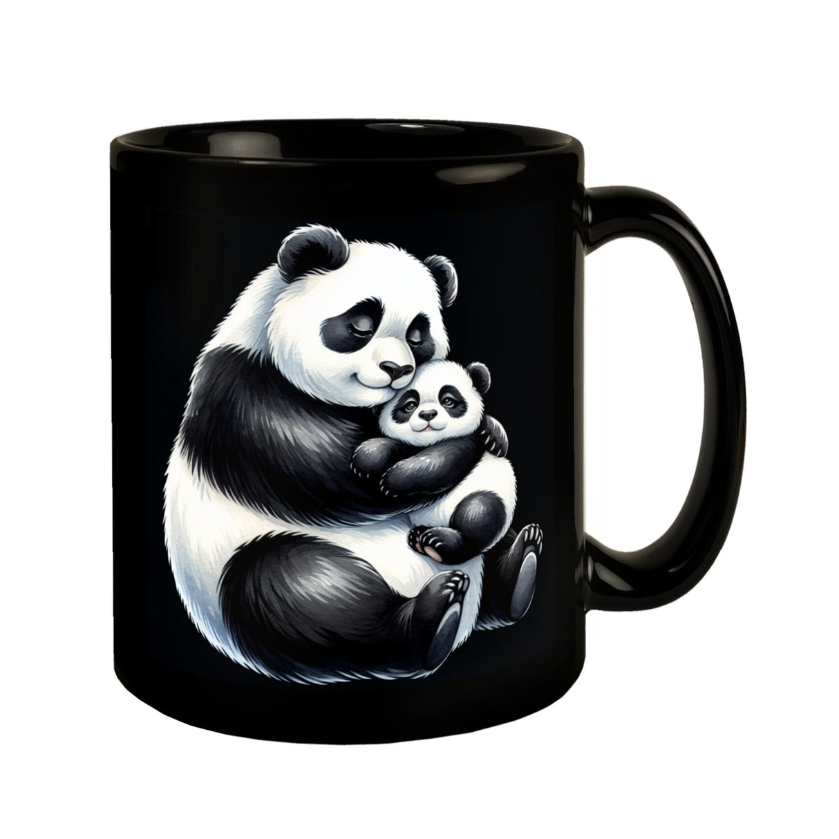 Pandabär Mama mit kleinem Panda Baby Tasse schwarz in Schwarz