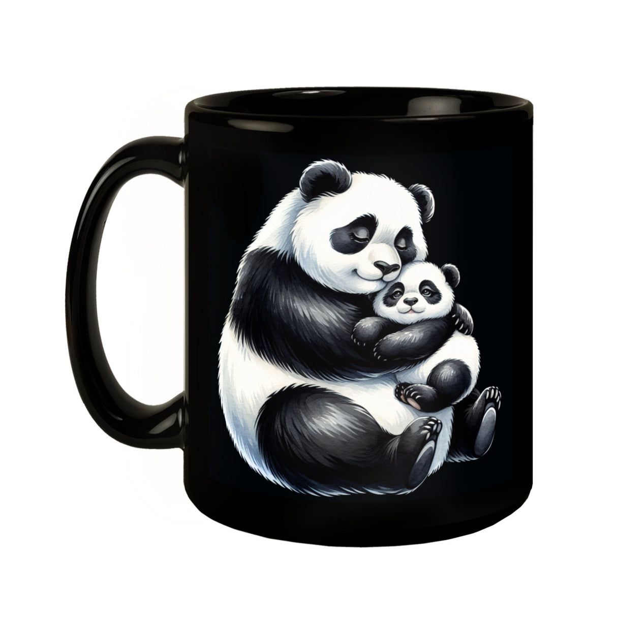 Pandabär Mama mit kleinem Panda Baby Tasse schwarz in Schwarz