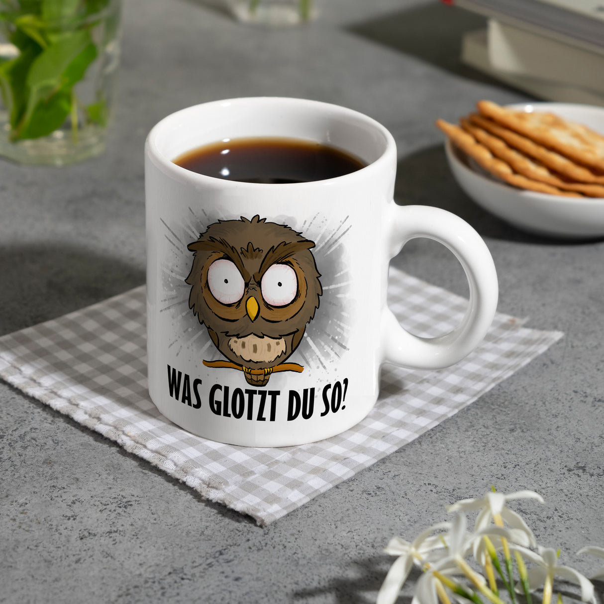 Eule Kaffeebecher mit Spruch Was glotzt du so?