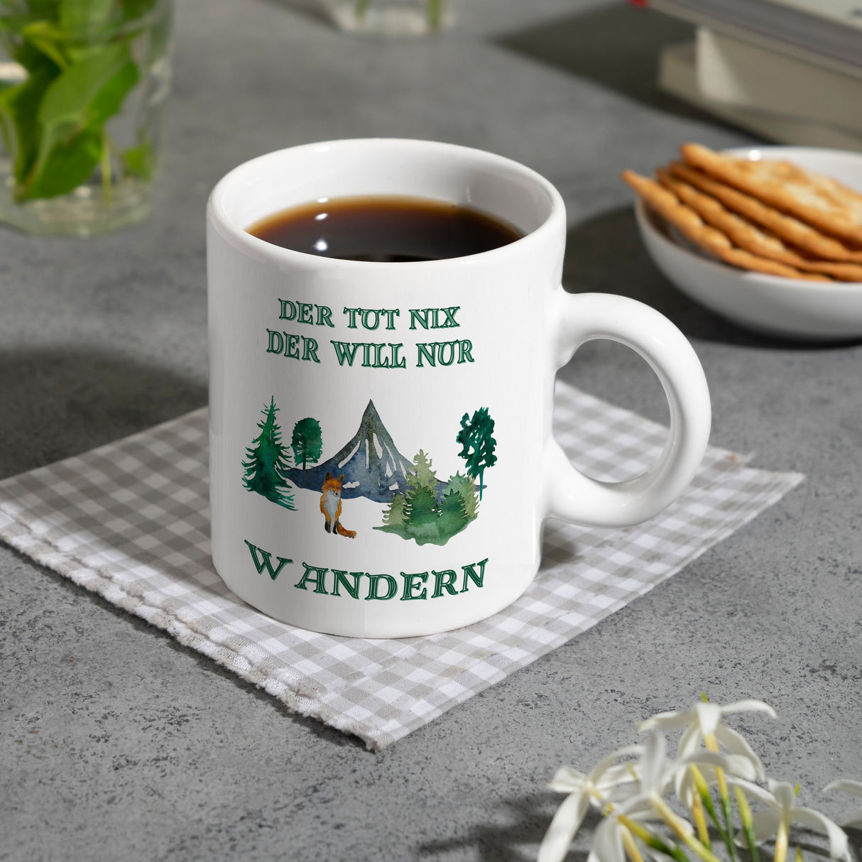 Wandern Kaffeebecher mit Spruch Der tut nix der will nur wandern