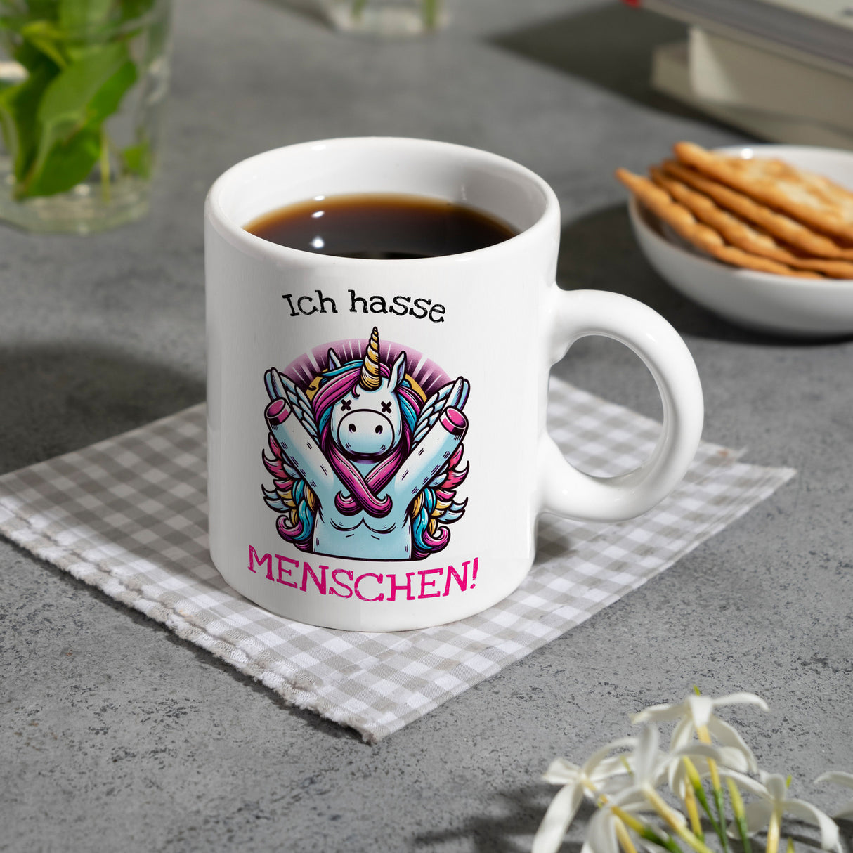 Einhorn Kaffeebecher mit Spruch Ich hasse Menschen!
