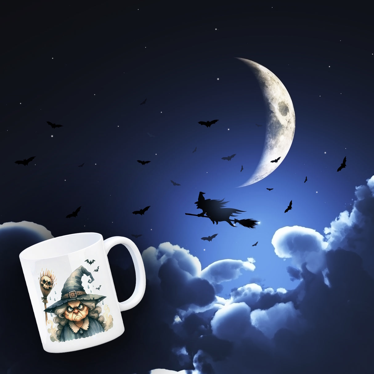 Böse Hexe mit Fledermäusen Kaffeebecher