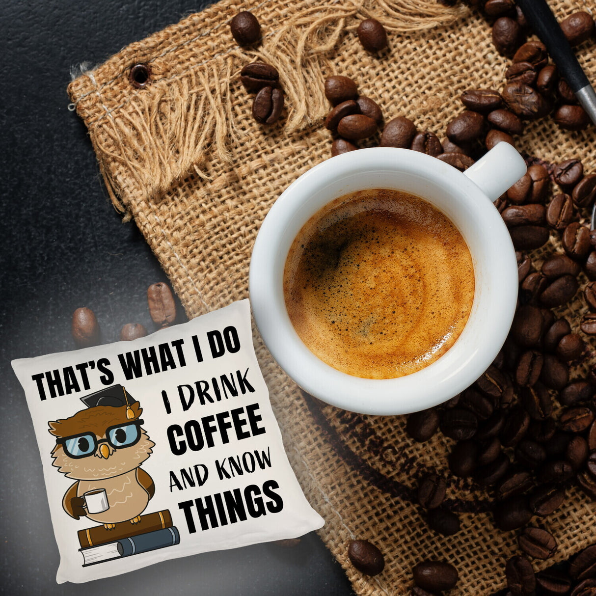 Eule Kissen mit Spruch I drink coffee and know things