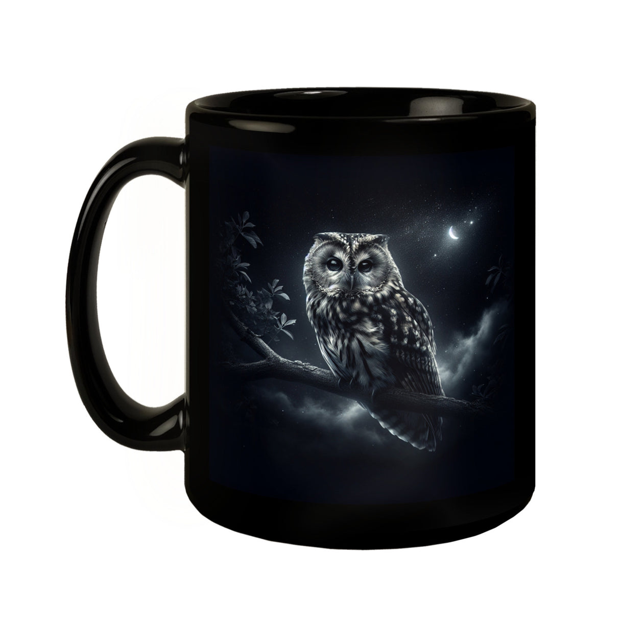 Eule auf einem Ast Tasse schwarz in Schwarz
