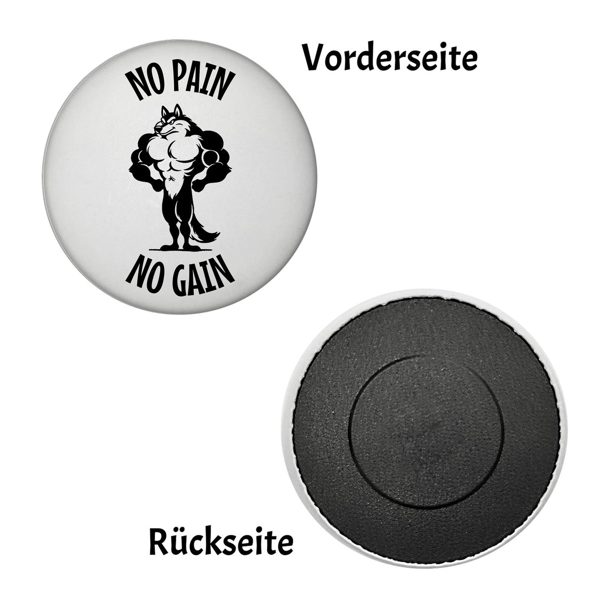 Muskulöser Fitness-Wolf Magnet rund rund mit Spruch NO PAIN NO GAIN