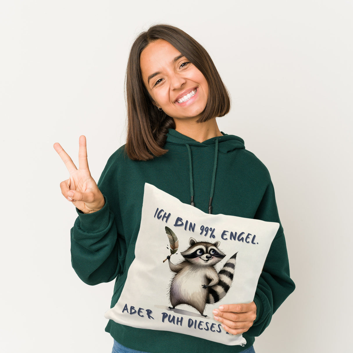 Waschbär Kissen mit Spruch Ich bin 99% Engel Aber puh dieses 1%