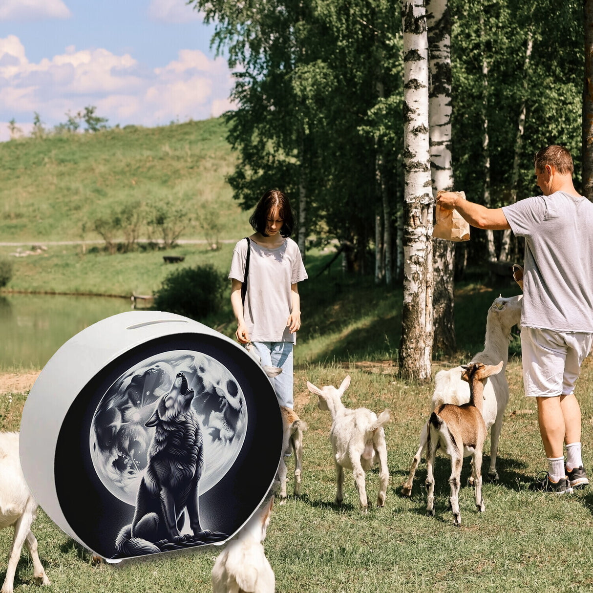 Sitzender Wolf im Mondschein Spardose