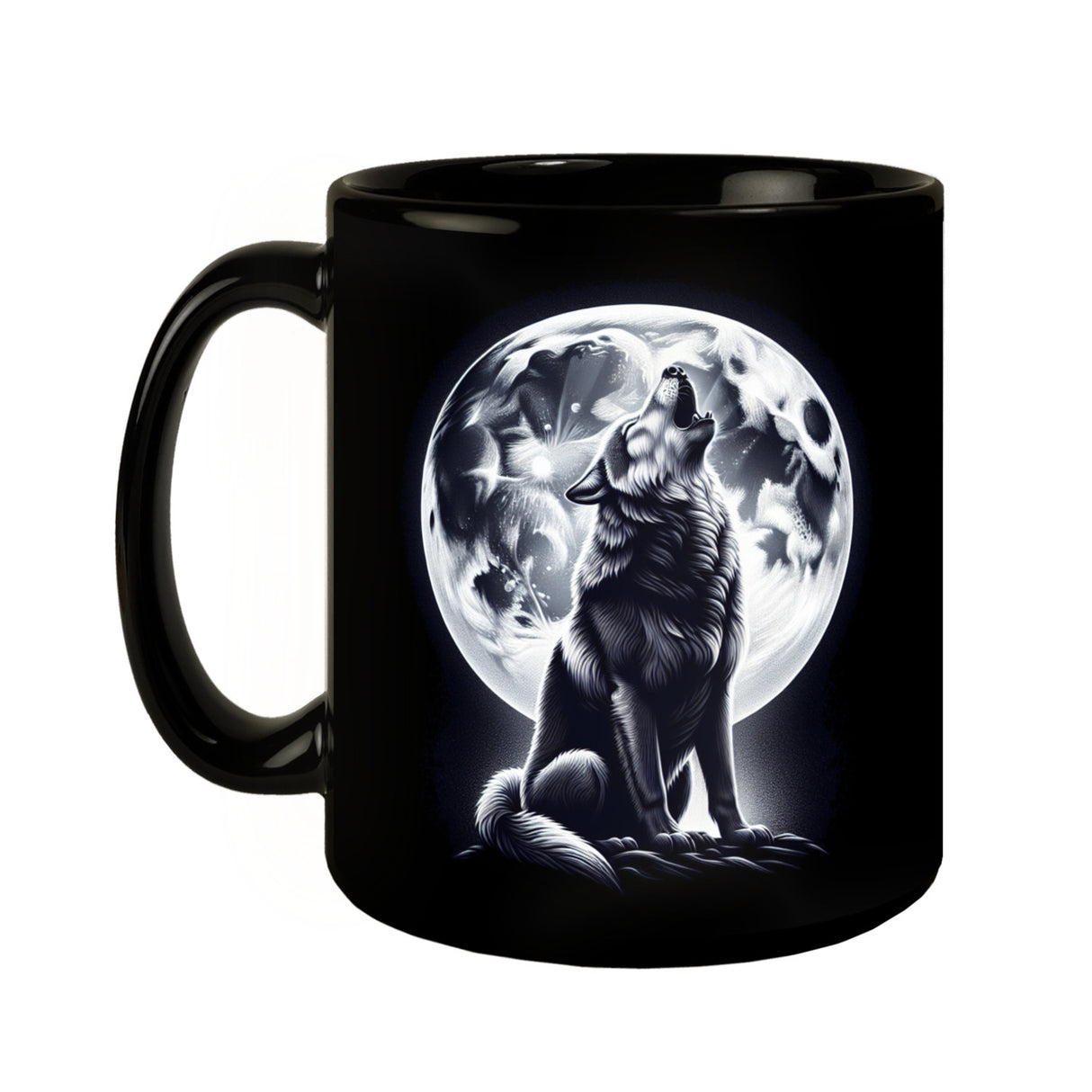 Sitzender Wolf im Mondschein Tasse in Schwarz