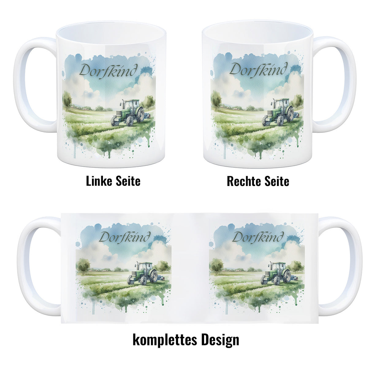 Grüner Traktor auf der Wiese Dorfkind Kaffeebecher