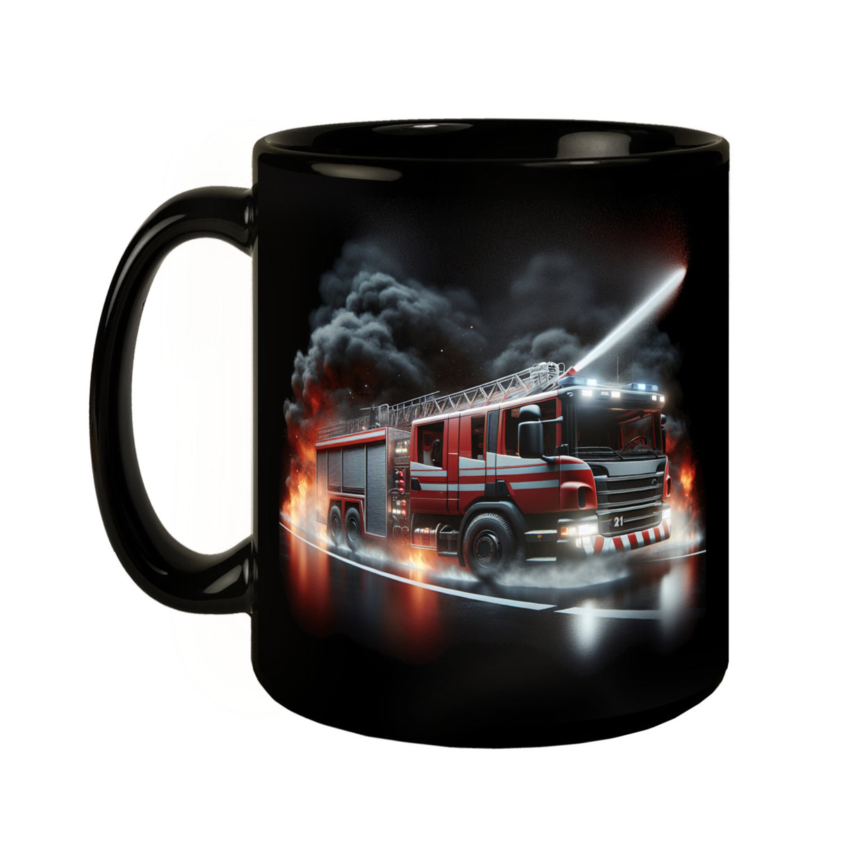 Feuerwehrfahrzeug im Einsatz Tasse in Schwarz