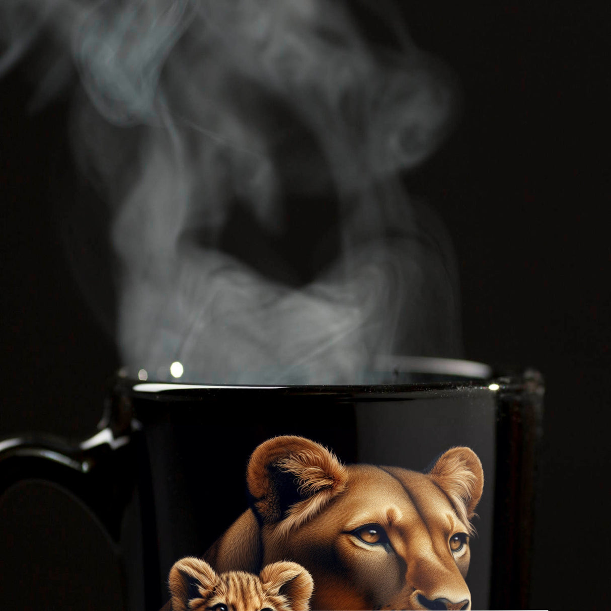 Löwin mit Babylöwe Tasse in Schwarz
