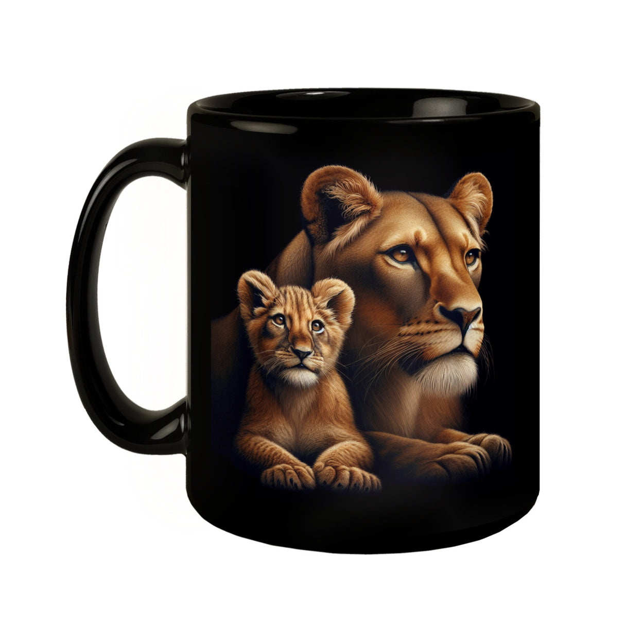 Löwin mit Babylöwe Tasse in Schwarz