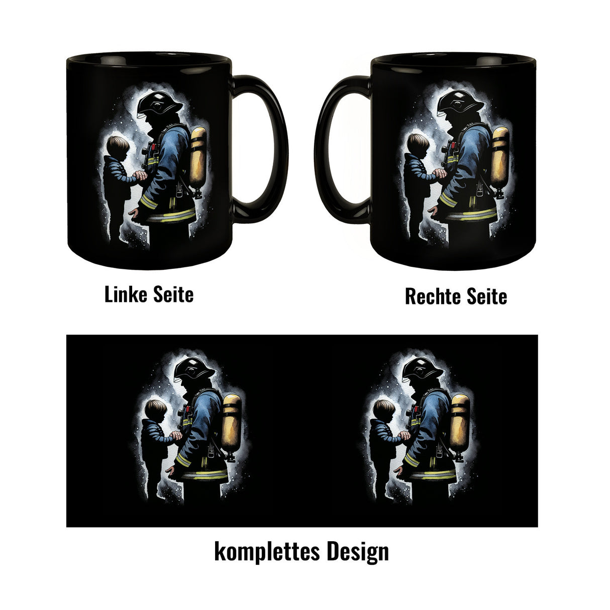 Feuerwehrmann hält die Hand seines Kindes Tasse in Schwarz
