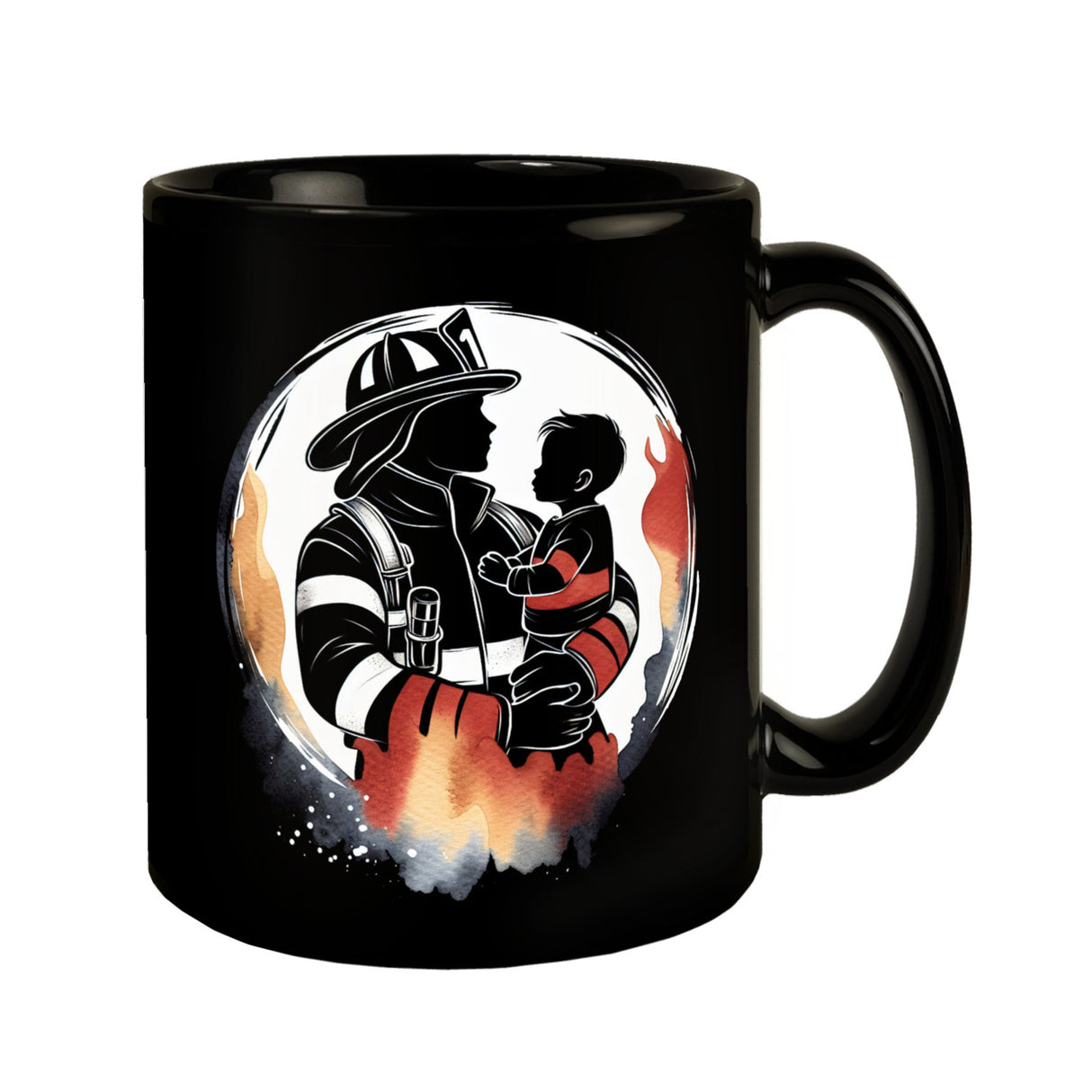 Feuerwehrmann mit Kind auf dem Arm Tasse in Schwarz