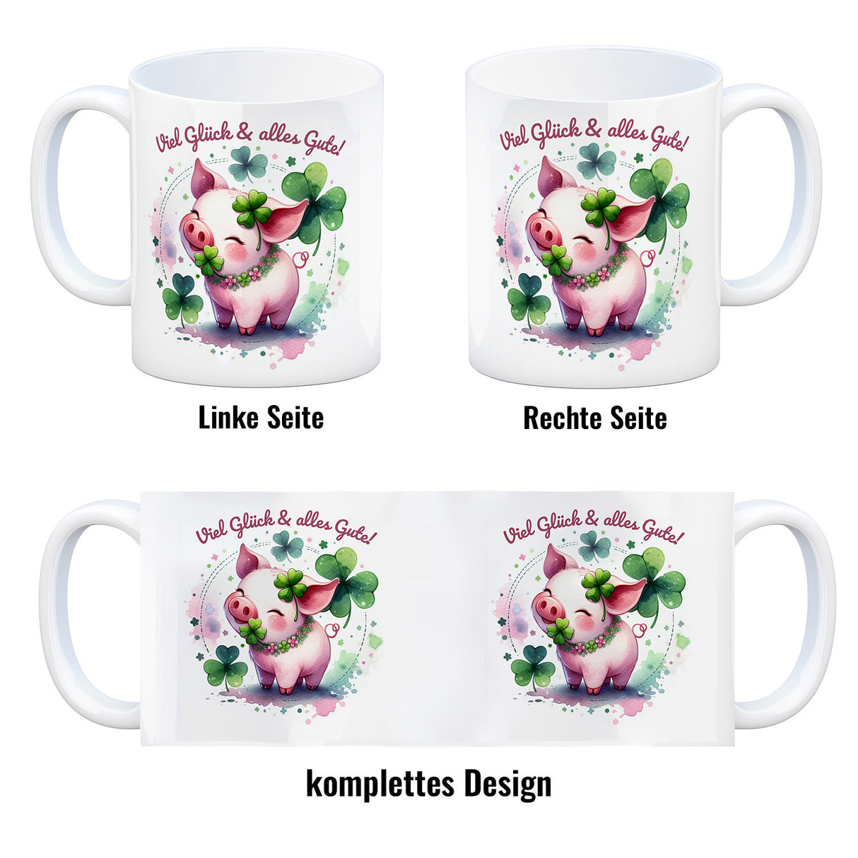 Glücksschwein Kaffeebecher mit Spruch Spruch Viel Glück & alles Gute!