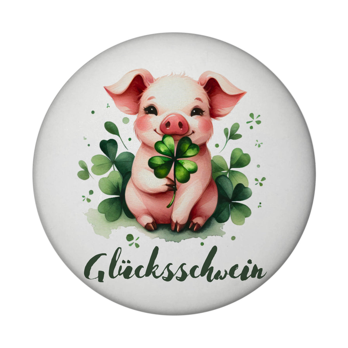Glücksschwein mit Kleeblatt Magnet rund