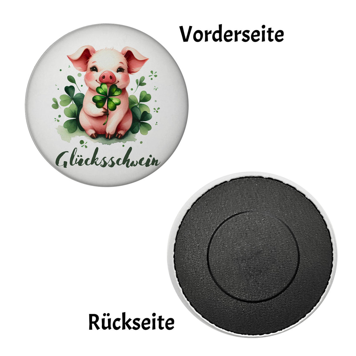Glücksschwein mit Kleeblatt Magnet rund