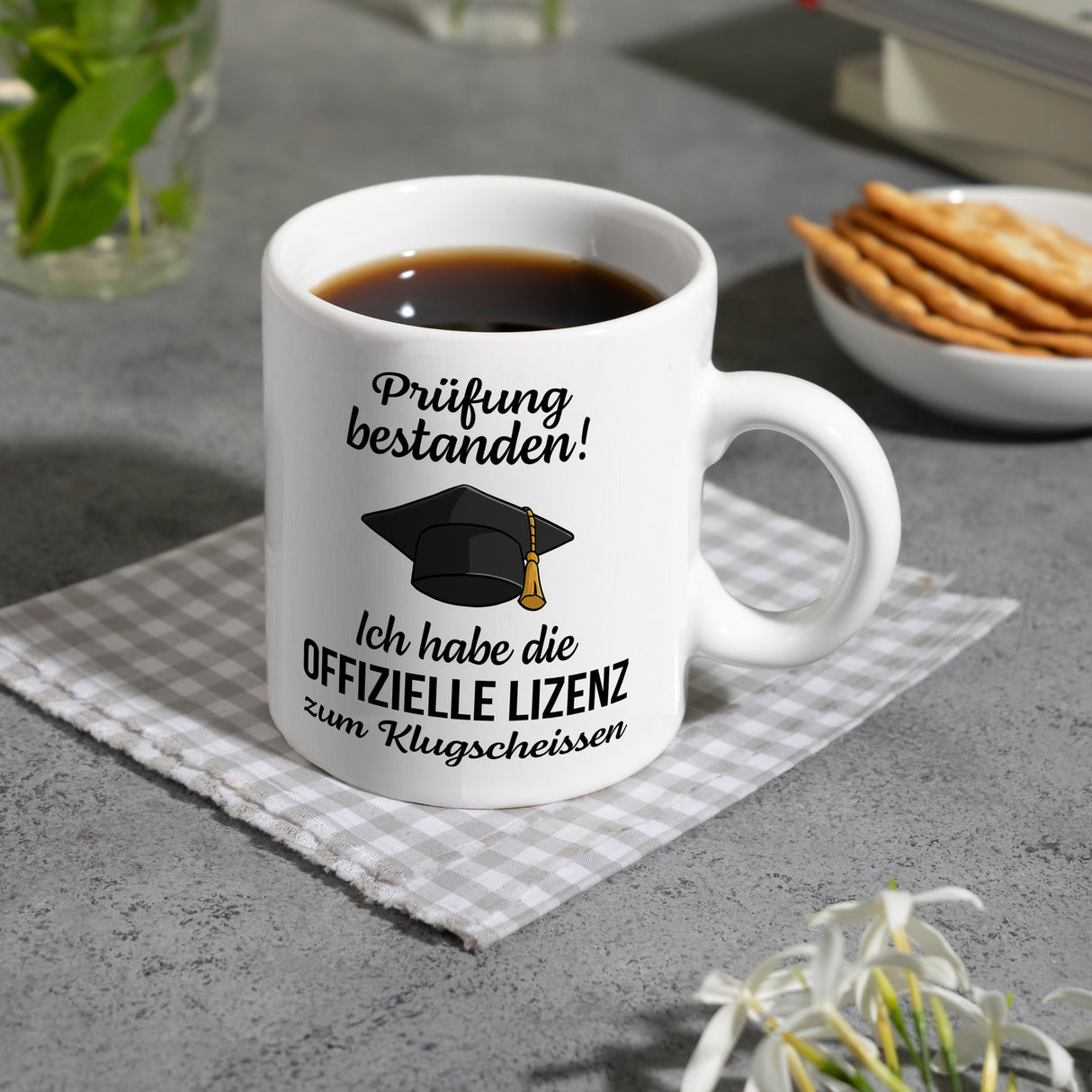 Doktorhut Prüfung bestanden Kaffeebecher mit Spruch Lizenz zum Klugscheißen