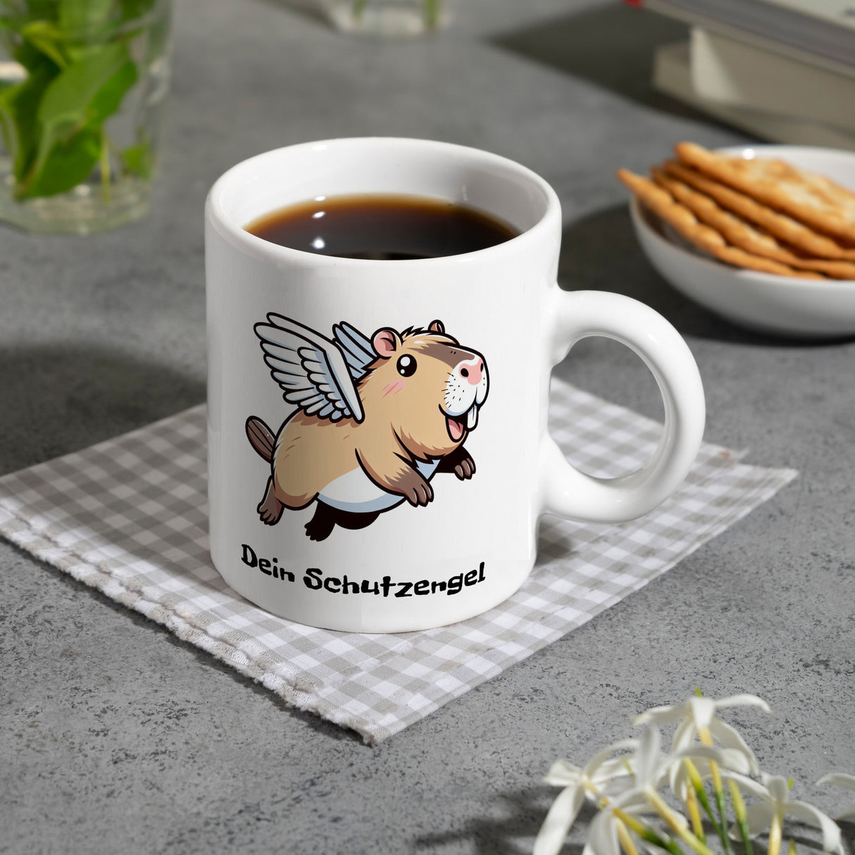 Comic Capybara mit Flügeln Kaffeebecher mit Spruch Dein Schutzengel