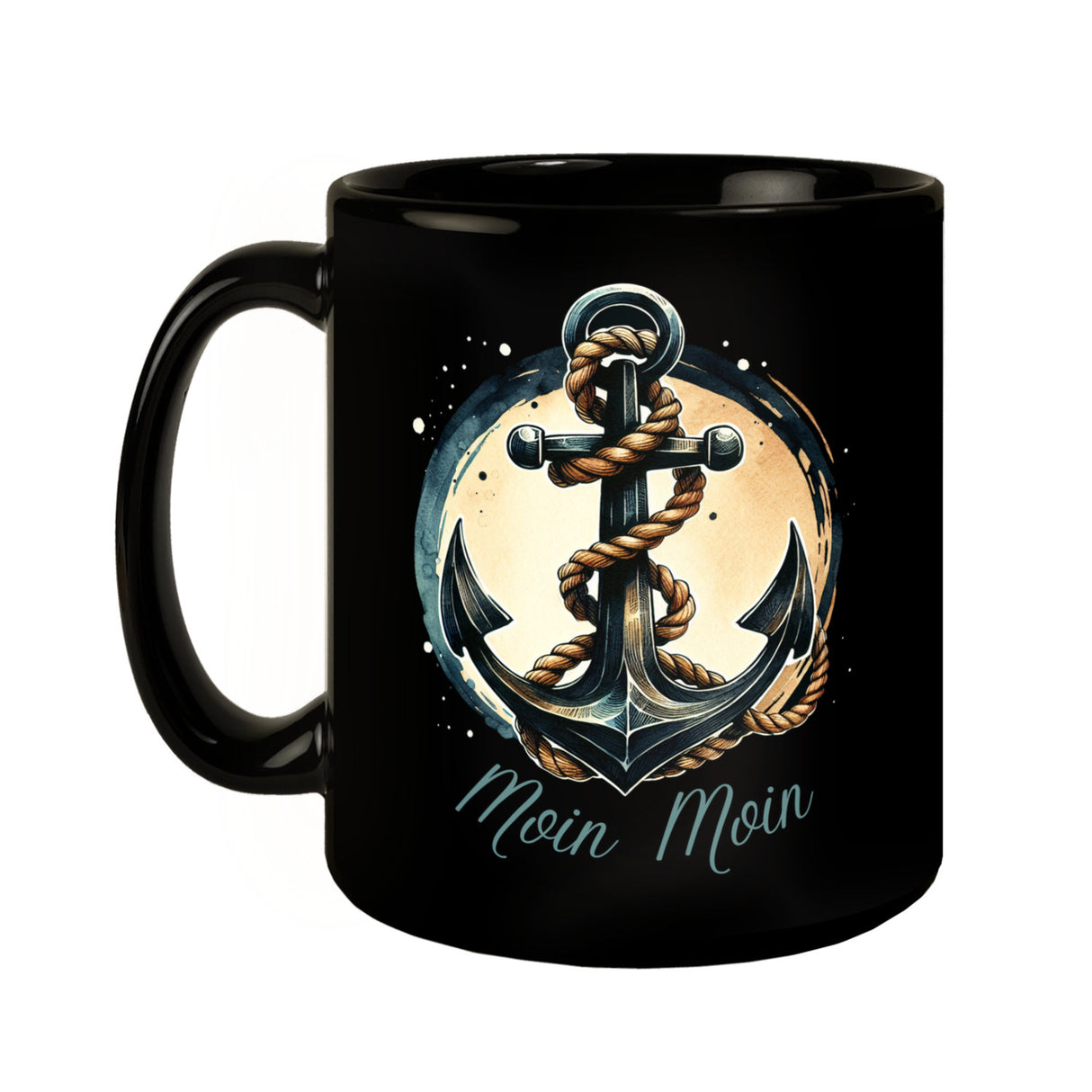Anker mit Seil Tasse in Schwarz mit Spruch Moin Moin