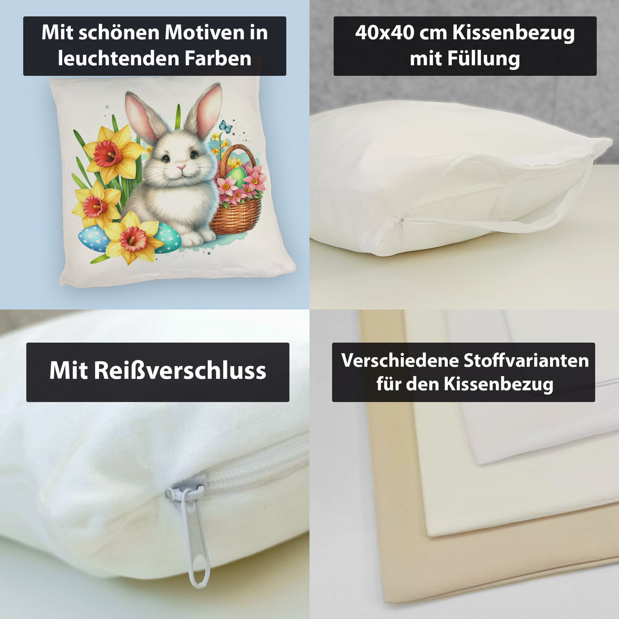 Osterhase neben Osterkorb Kissen