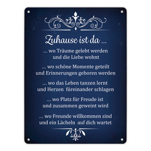 Metallschild mit Spruch: Zuhause ist da...