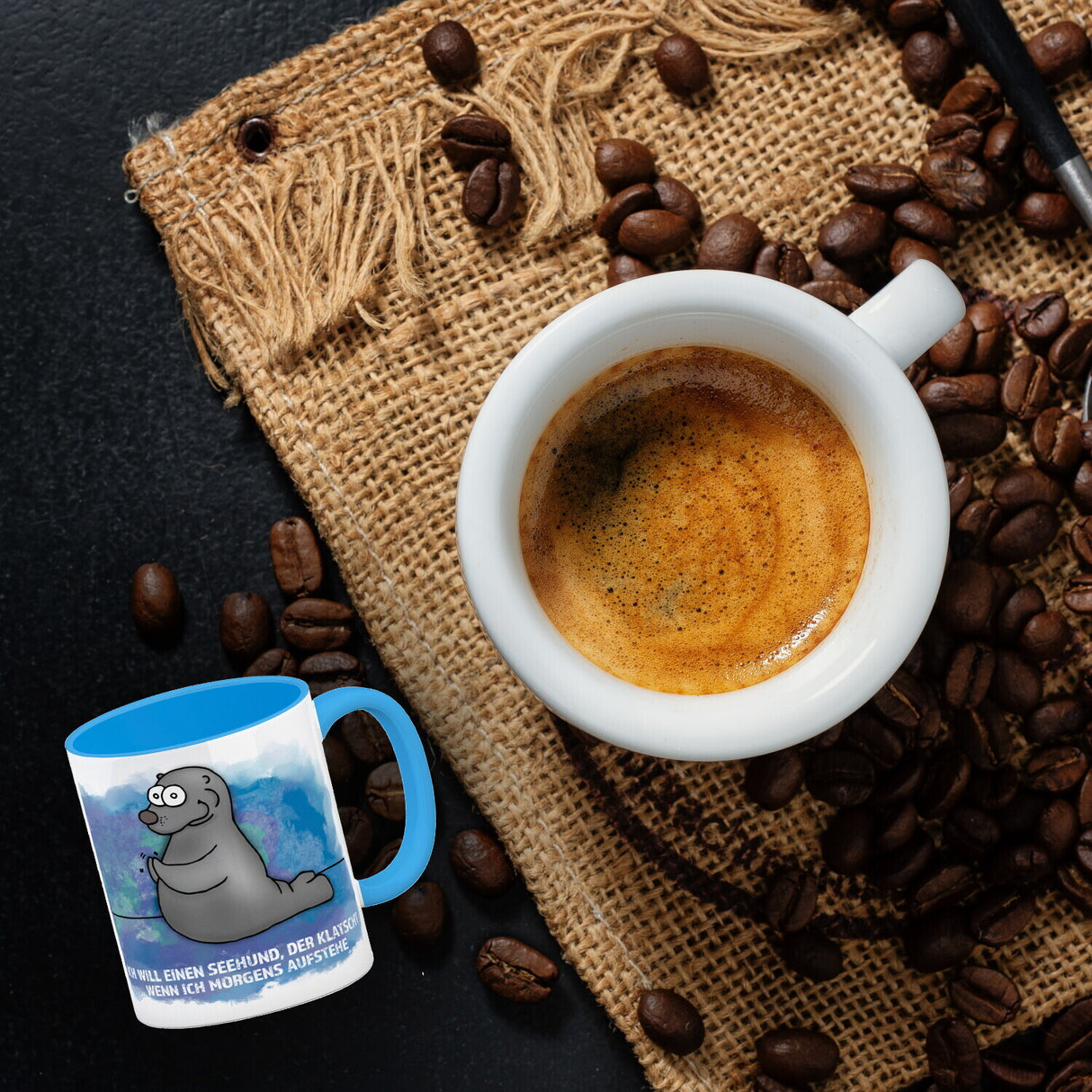 Kaffeebecher mit Seehund Motiv und Spruch: Ich will einen Seehund, der klatscht, ...