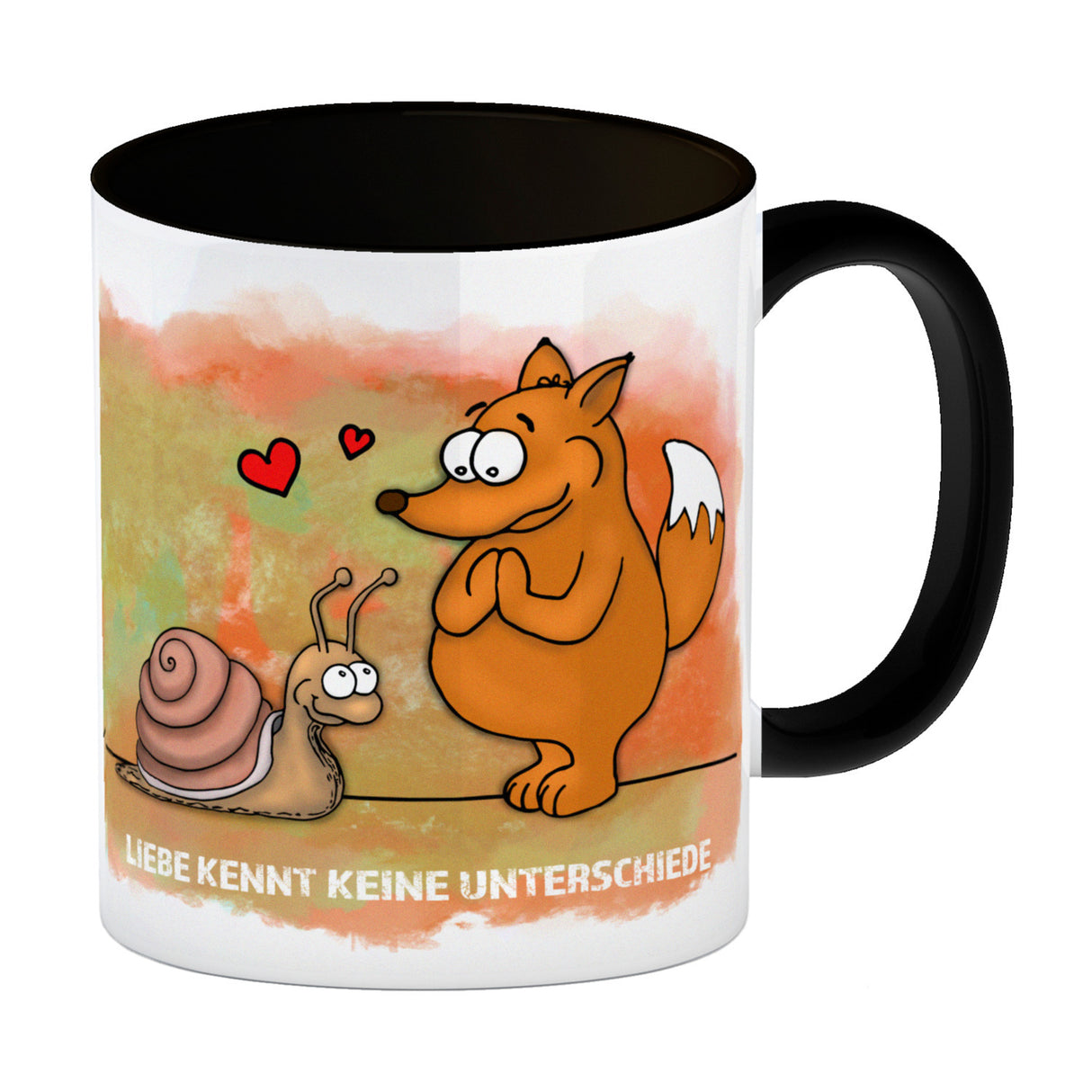 Kaffeebecher mit Fuchs und Schnecke Motiv und Spruch: Liebe kennt keine Unterschiede