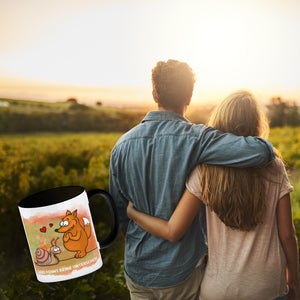 Kaffeebecher mit Fuchs und Schnecke Motiv und Spruch: Liebe kennt keine Unterschiede