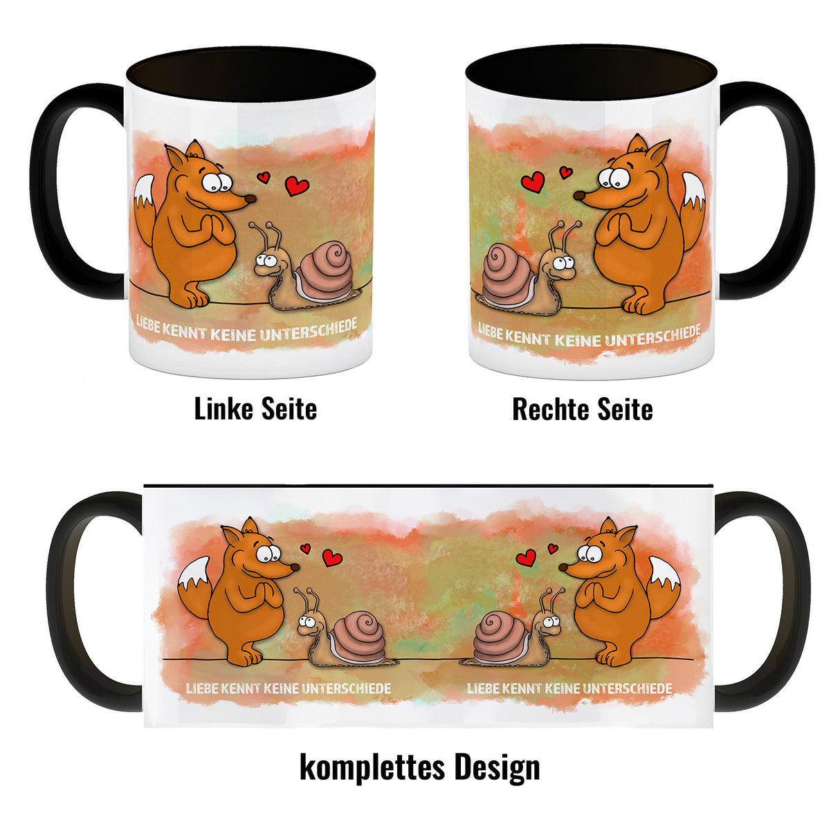 Kaffeebecher mit Fuchs und Schnecke Motiv und Spruch: Liebe kennt keine Unterschiede