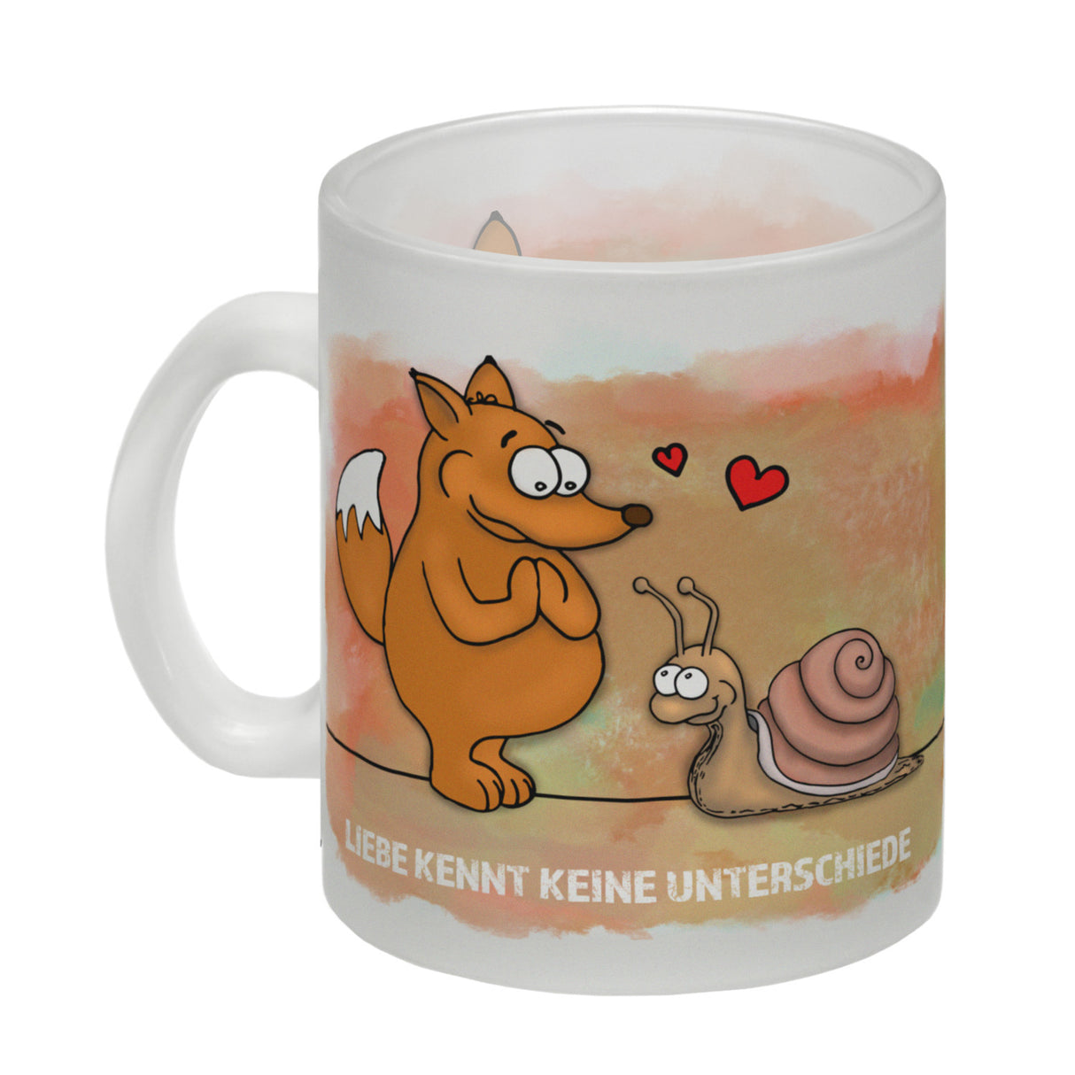 Kaffeebecher mit Fuchs und Schnecke Motiv und Spruch: Liebe kennt keine Unterschiede