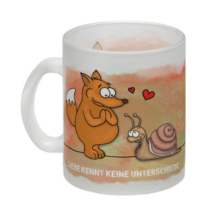 Kaffeebecher mit Fuchs und Schnecke Motiv und Spruch: Liebe kennt keine Unterschiede