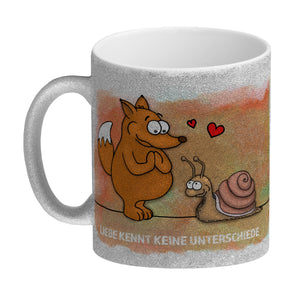 Kaffeebecher mit Fuchs und Schnecke Motiv und Spruch: Liebe kennt keine Unterschiede