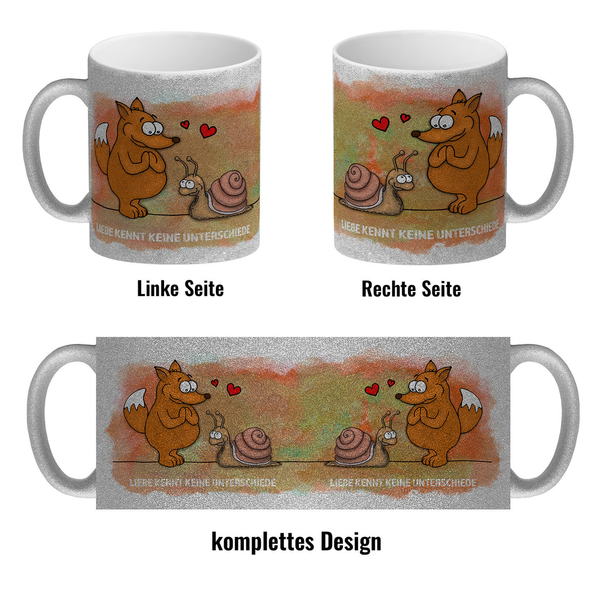 Kaffeebecher mit Fuchs und Schnecke Motiv und Spruch: Liebe kennt keine Unterschiede