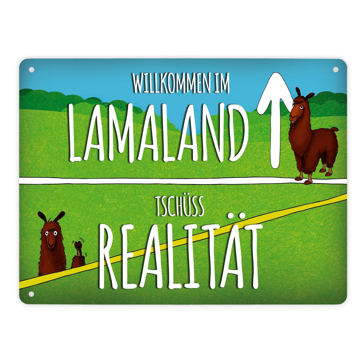 Metallschild mit Lama Motiv und Spruch: Willkommen im Lamaland