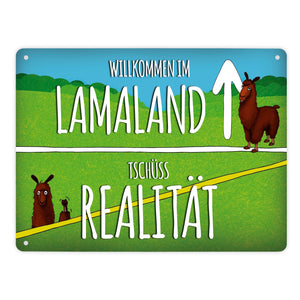Metallschild mit Lama Motiv und Spruch: Willkommen im Lamaland