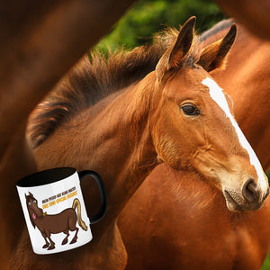 Kaffeebecher mit Pferde Motiv und Spruch: Mein Pferd hat keine Macke. Das ...