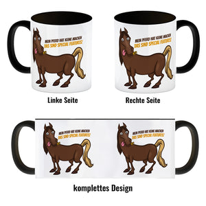 Kaffeebecher mit Pferde Motiv und Spruch: Mein Pferd hat keine Macke. Das ...