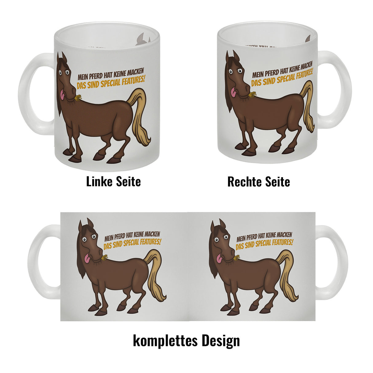 Kaffeebecher mit Pferde Motiv und Spruch: Mein Pferd hat keine Macke. Das ...