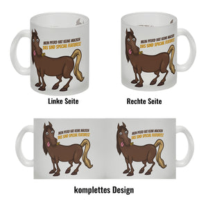 Kaffeebecher mit Pferde Motiv und Spruch: Mein Pferd hat keine Macke. Das ...