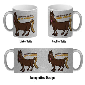 Kaffeebecher mit Pferde Motiv und Spruch: Mein Pferd hat keine Macke. Das ...