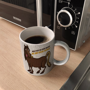 Kaffeebecher mit Pferde Motiv und Spruch: Mein Pferd hat keine Macke. Das ...