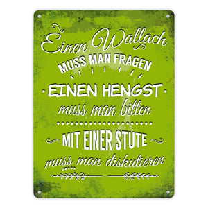 Metallschild mit Reiter Motiv und Spruch: Einen Wallach muss man fragen, ...