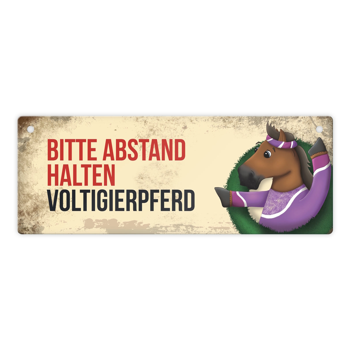 Metallschild mit braunem Voltigierpferd Motiv und Spruch: Bitte Abstand halten