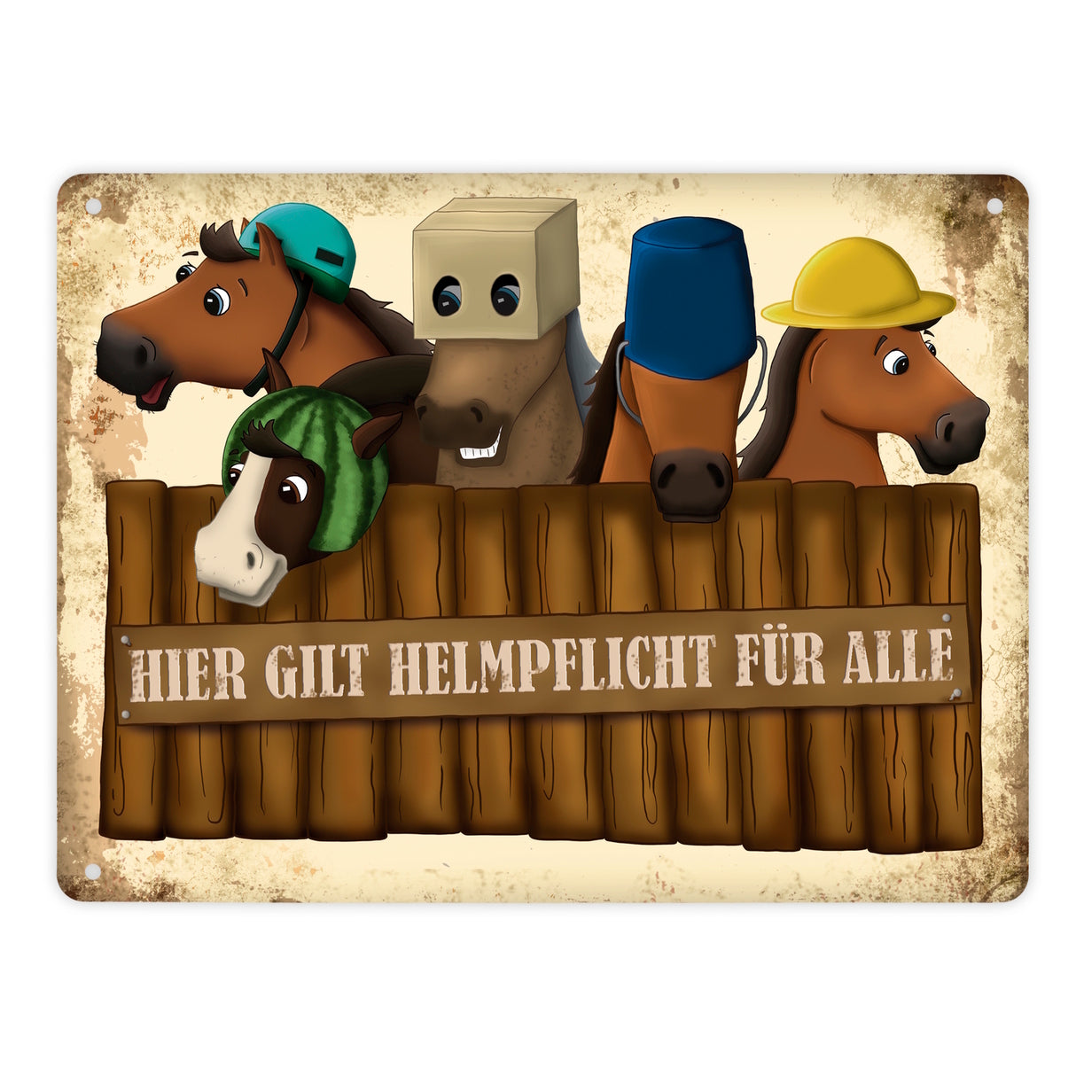 Metallschild mit Reiter und Pferde Motiv und Spruch: Hier gilt Helmpflicht für alle