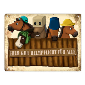 Metallschild mit Reiter und Pferde Motiv und Spruch: Hier gilt Helmpflicht für alle