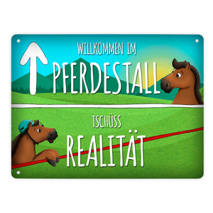 Metallschild mit Pferde Motiv und Spruch: Willkommen im Pferdestall