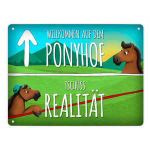 Metallschild mit Pferde Motiv und Spruch: Willkommen auf dem Ponyhof