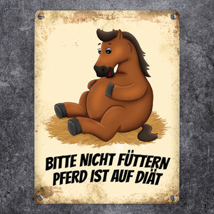 Metallschild mit Pferde Motiv und Spruch: Bitte nicht füttern - Pferd ist auf Diät