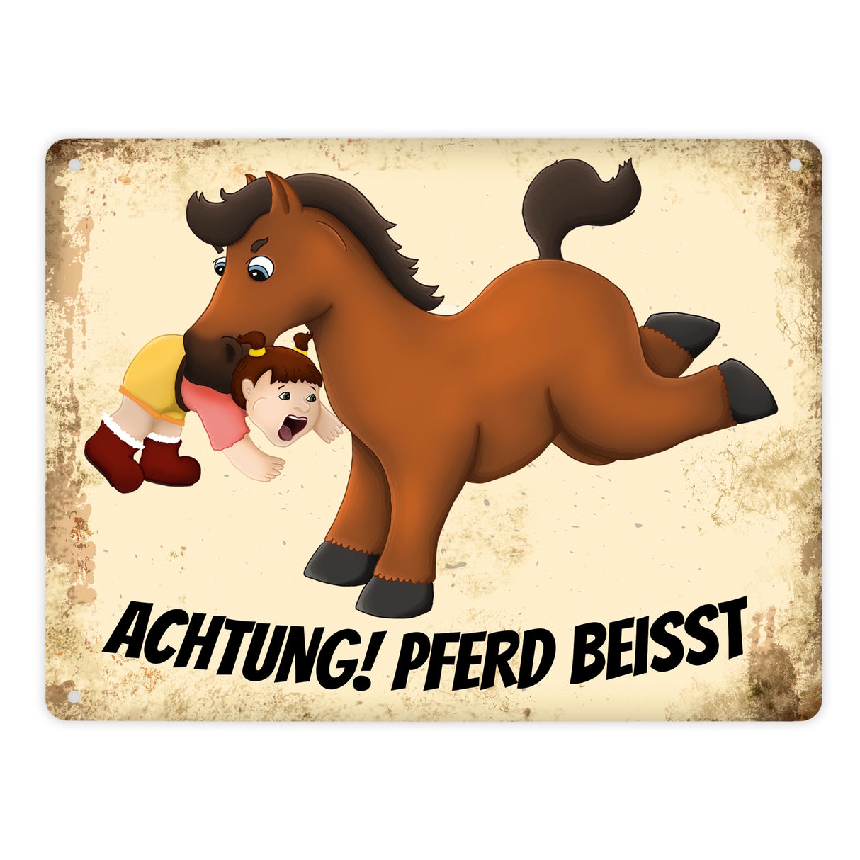Metallschild mit Pferde Motiv und Spruch: Achtung! Pferd beisst - Warnschild Koppel